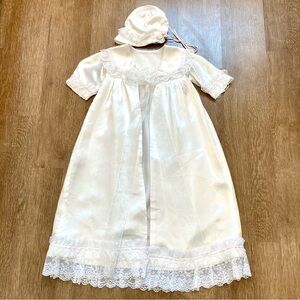 Little Girls Christening Gown Cover & Bonnet with Lace Trim Pink Rose Accents